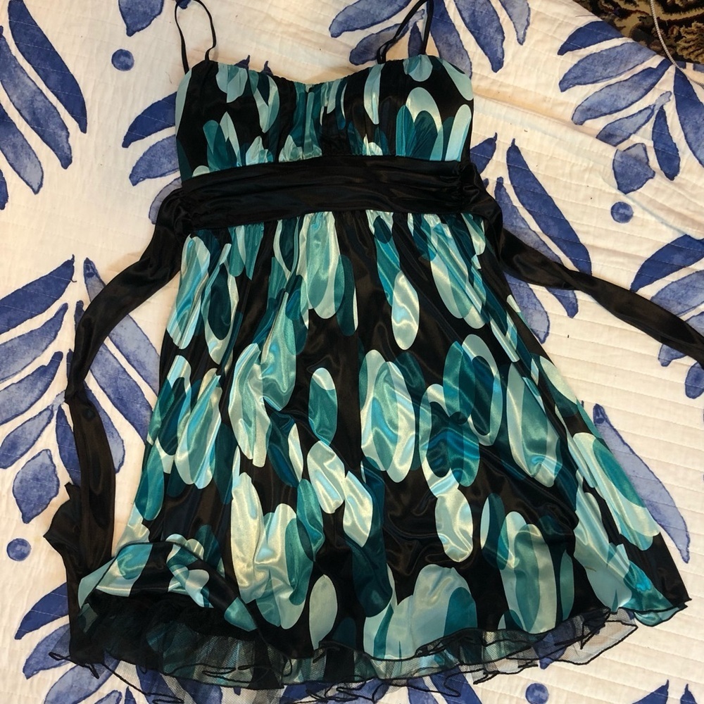 Le chateau Teal black Spaghetti Strap satin dress with crinoline